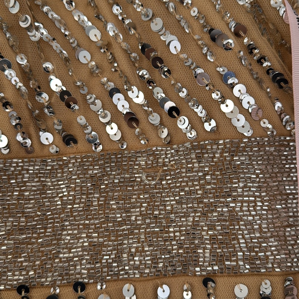 MAC DUGGAL 22 Beige Sequined Wrap Over Bishop Sleeve Gown - Picture 7 of 14